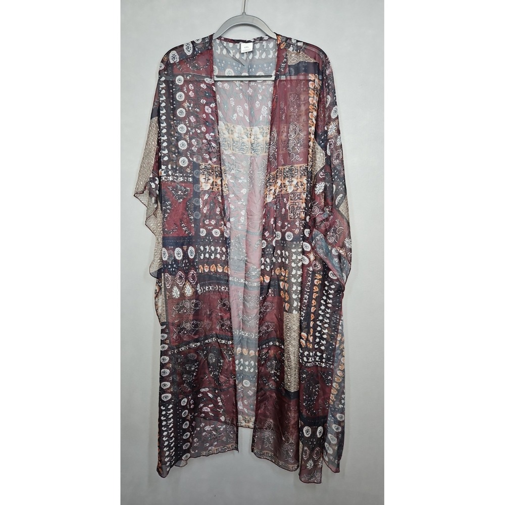 Womens Multicolor Patchwork Print Semi Sheer Open Front Kimono Cardigan Size 4X